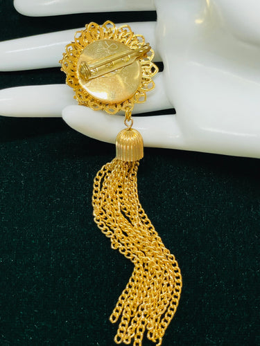 Gold Rhinestone Tassel Brooch